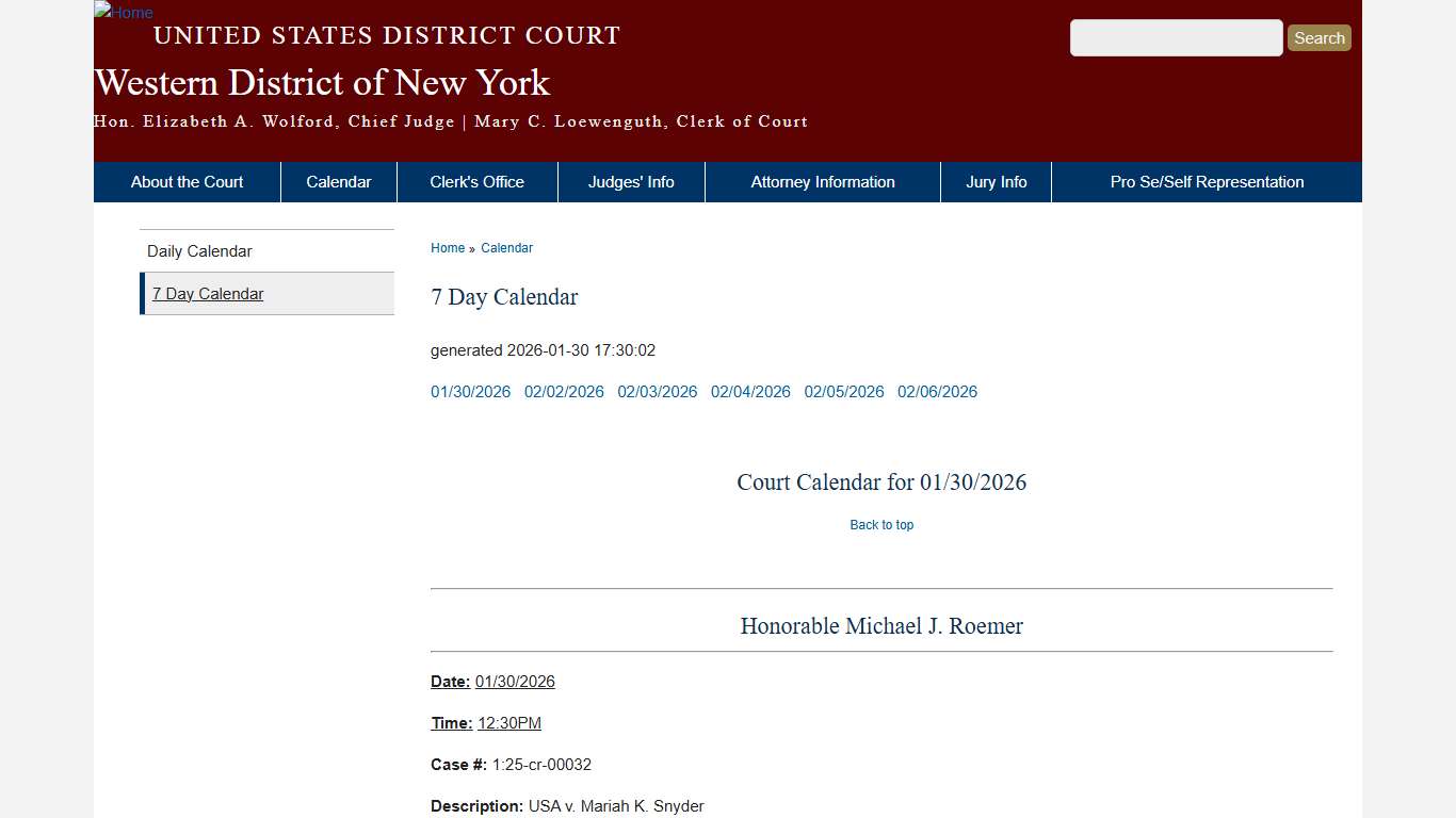 7 Day Calendar Western District of New York United States District Court